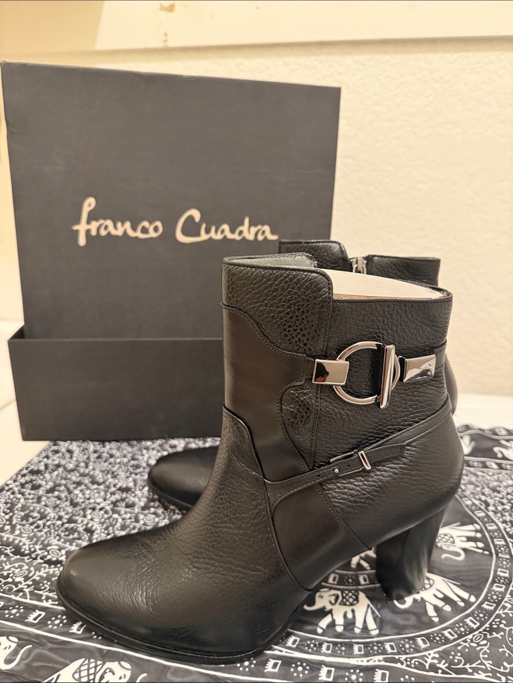 Black Deer Leather Buckle Ankle Boots